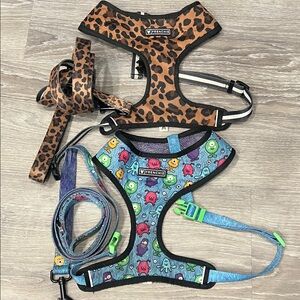 Frenchie Bulldog Pet Harness Set - Leopard and Monster Print with leashes 2 sets